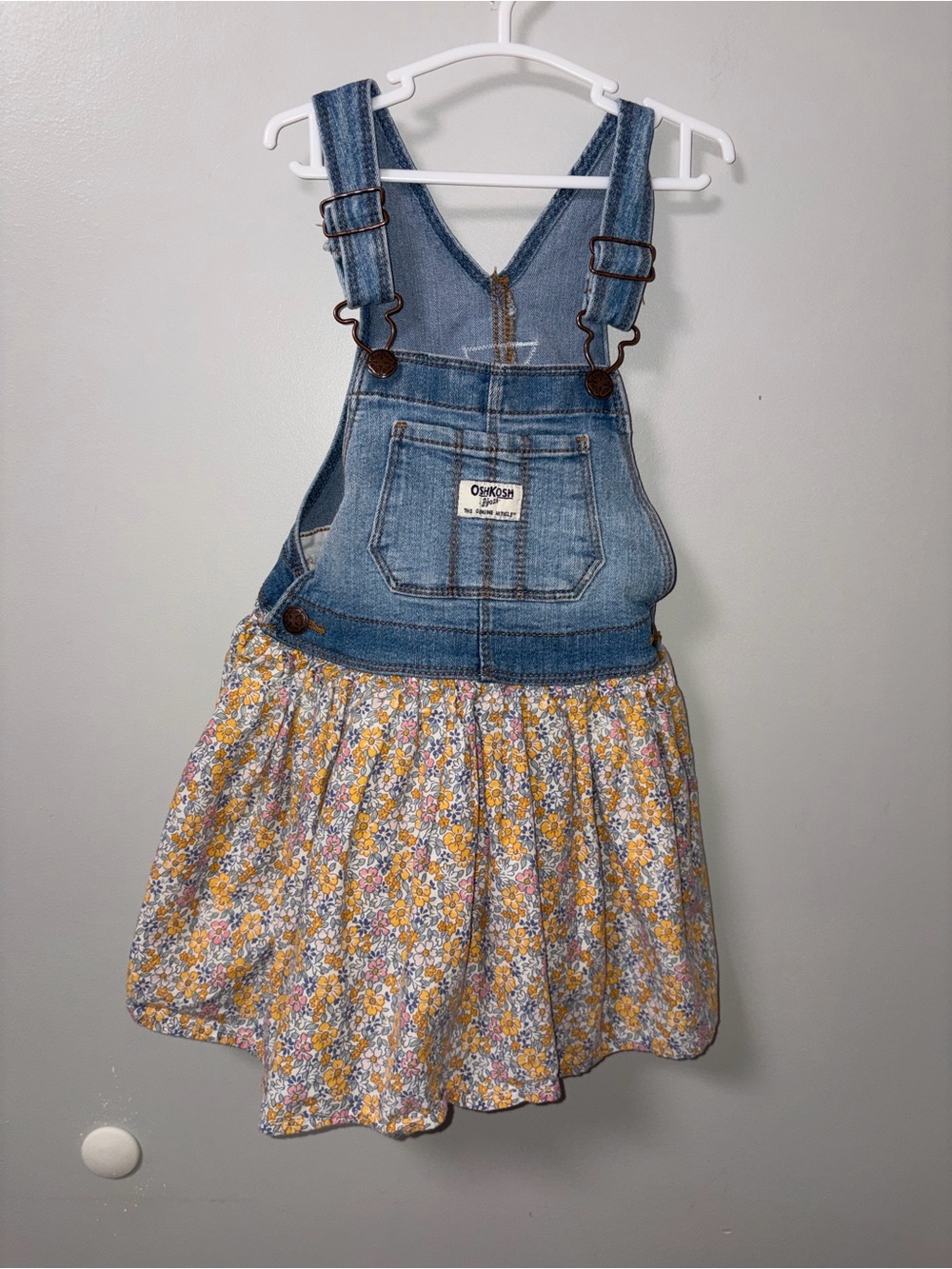 Oshkosh B’gosh Denim Overall Dress Yellow & Pink Floral Skirt 4T